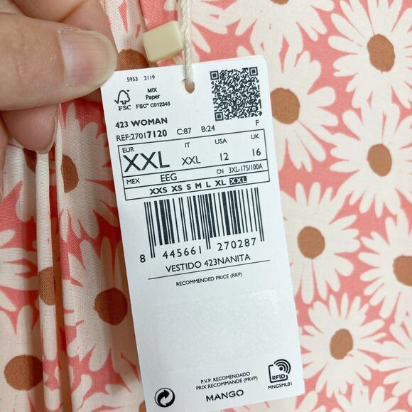 MNG Midi Dress Cut Out Daisy Floral Print Long Sleeve Pink White Womens Size XXL - Picture 7 of 16